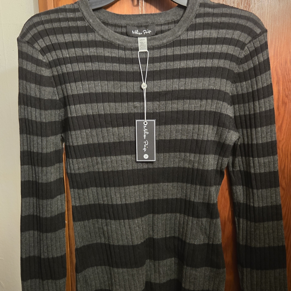 Melissa Paige Striped Ribbed Knit Top - Black & Gray